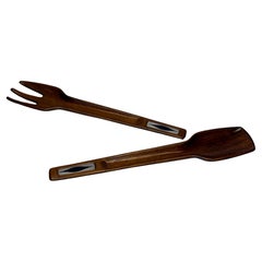 Pair of Danish Solid Teak Salad Servers with Inlaid Stainless-Steel Accents