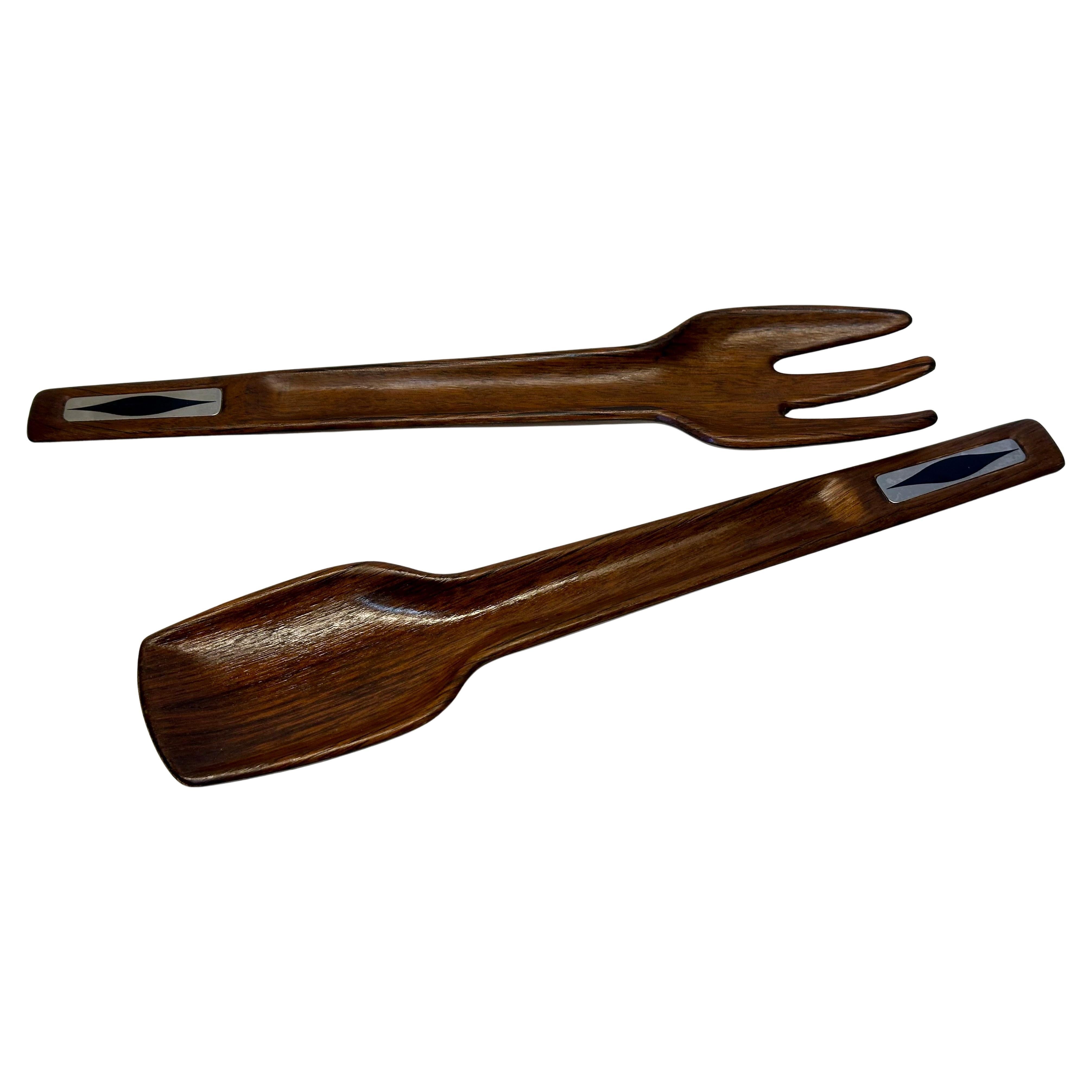 Pair of Danish Solid Teak Salad Servers with Inlaid Stainless-Steel Accents