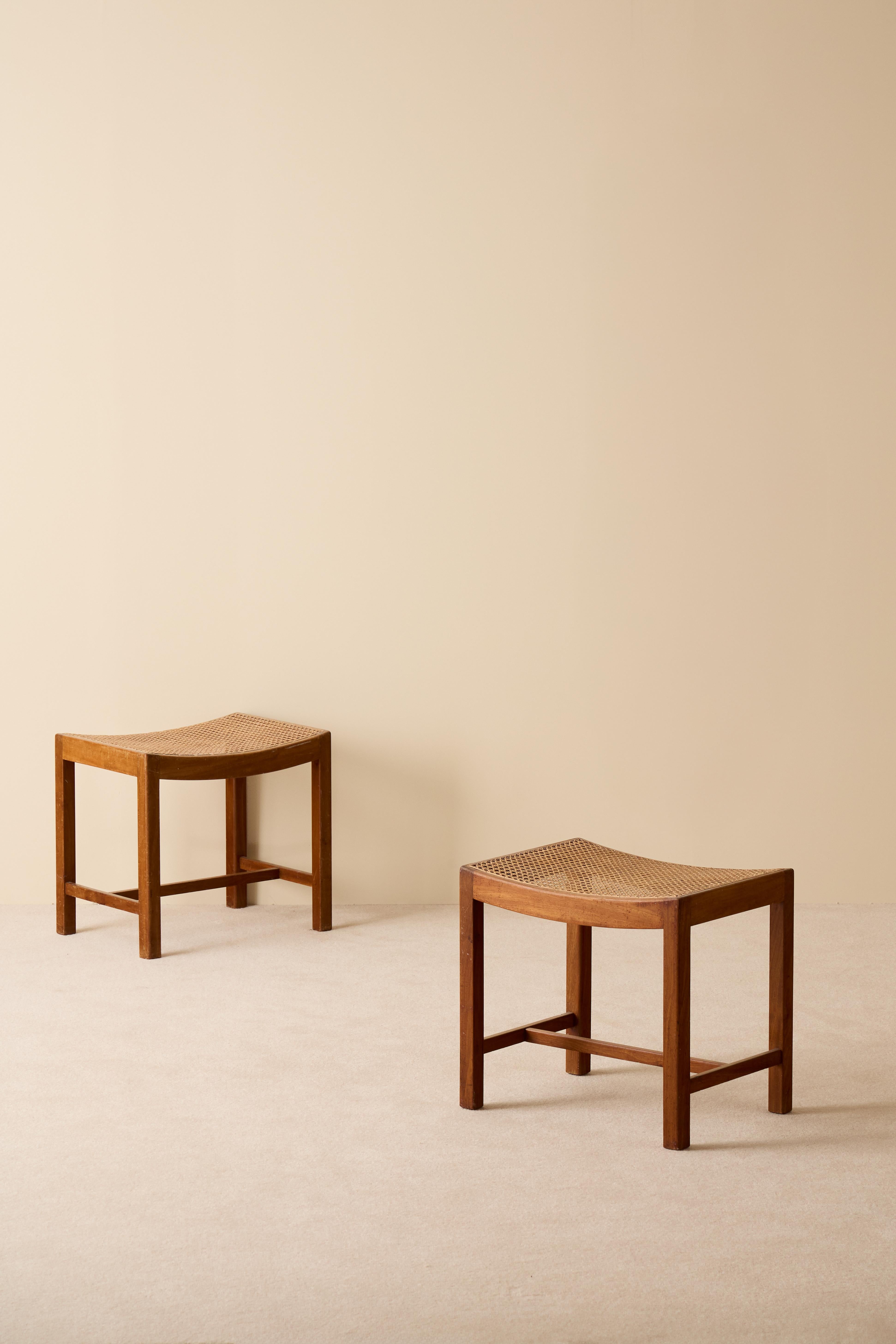 Pair of stools in mahogny and cane, Denmark, 1940s.