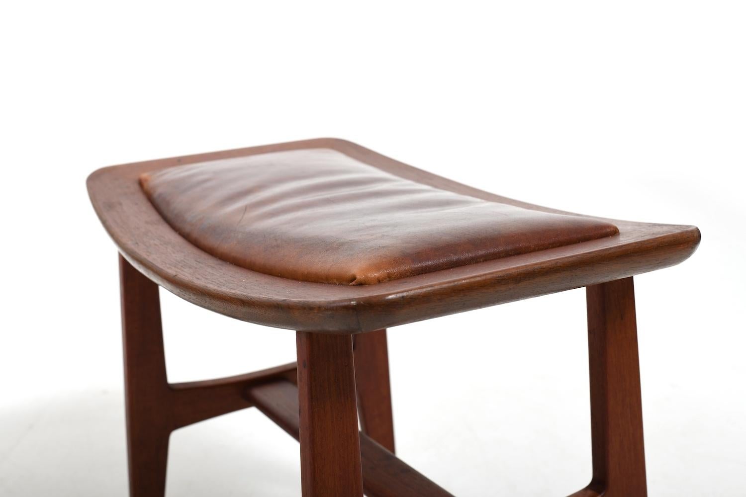 Pair of Danish Stools in Teak and patinated Leather 1960s 1