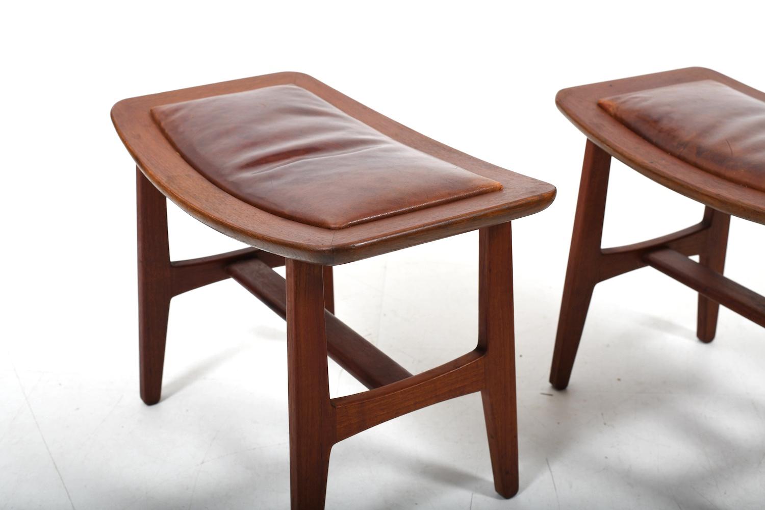 Pair of Danish Stools in Teak and patinated Leather 1960s 3