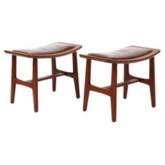 Pair of Danish Stools in Teak and patinated Leather 1960s