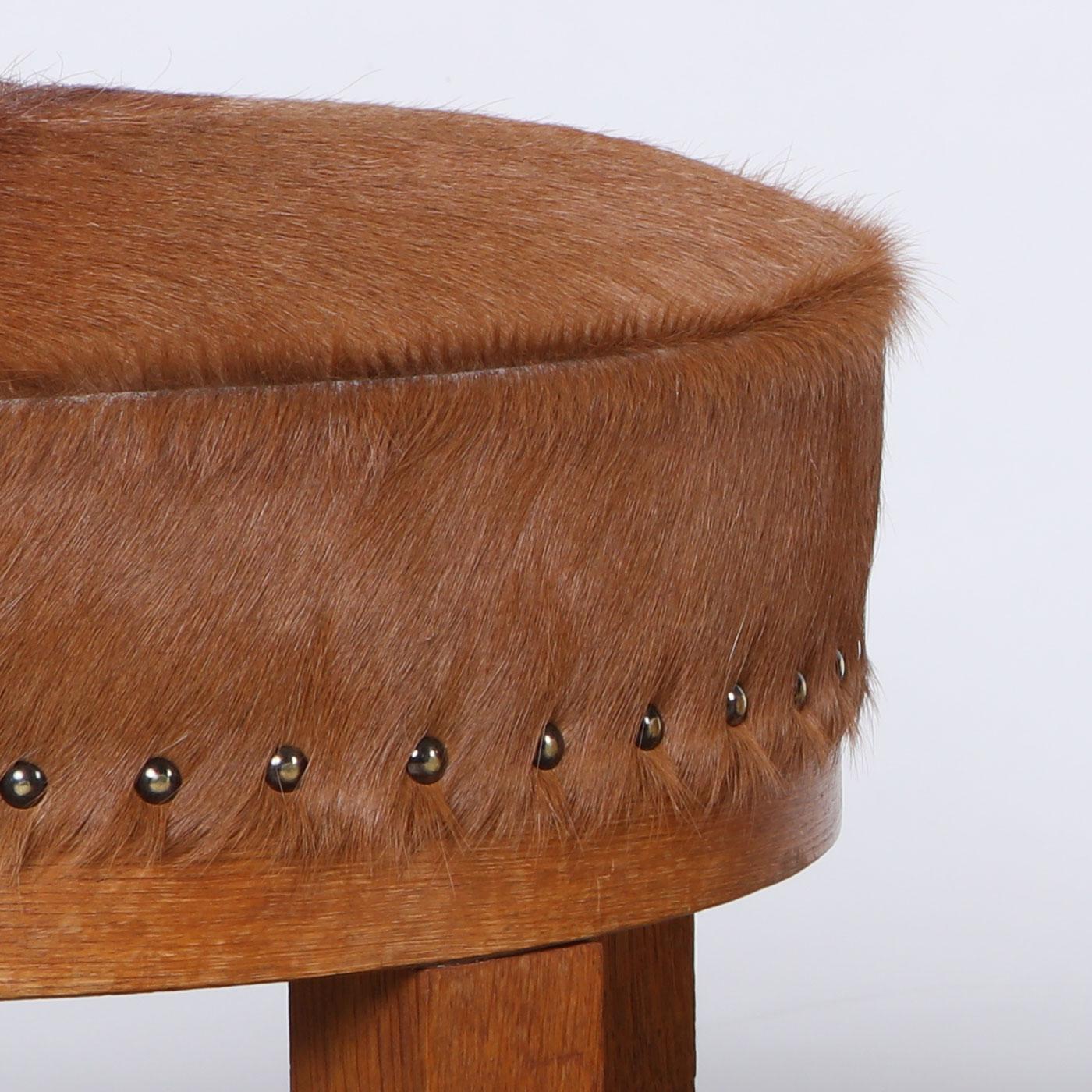 Scandinavian Modern Pair of Danish Stools in Wood and Cowhide, 1940s For Sale