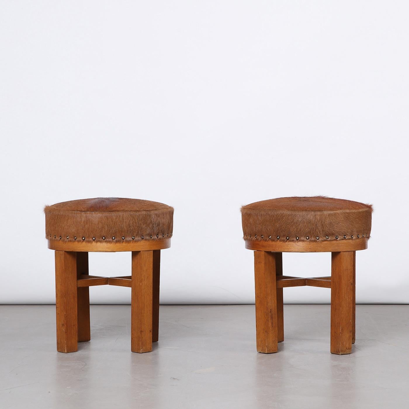 Pair of Danish Stools in Wood and Cowhide, 1940s For Sale 2