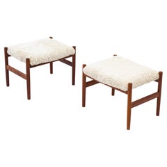 Pair of Danish Stools with Sheepskin by Hugo Frandsen, Denmark, 1950s