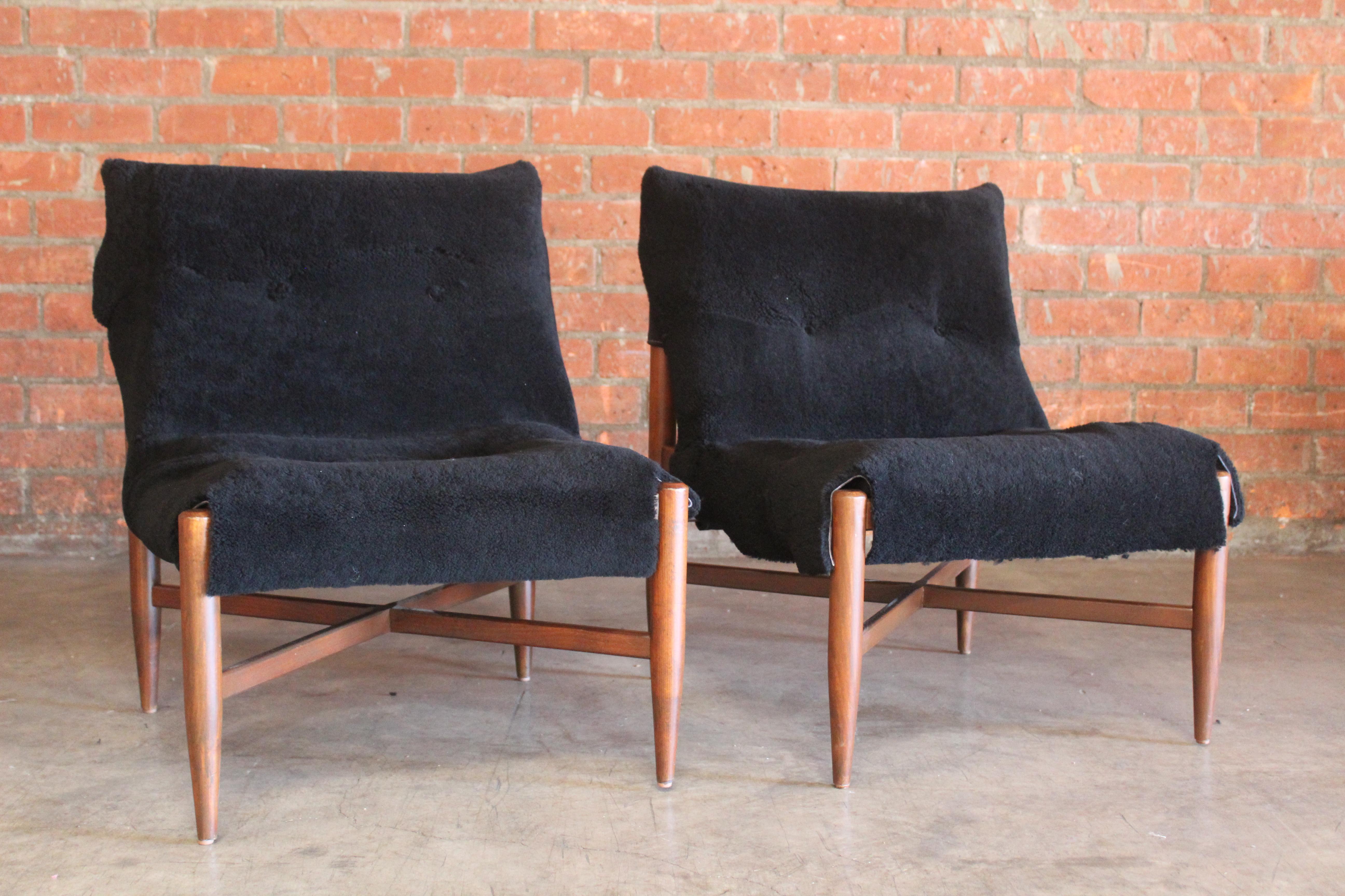 Mid-Century Modern Pair of Danish Suede and Sheepskin Slipper Chairs