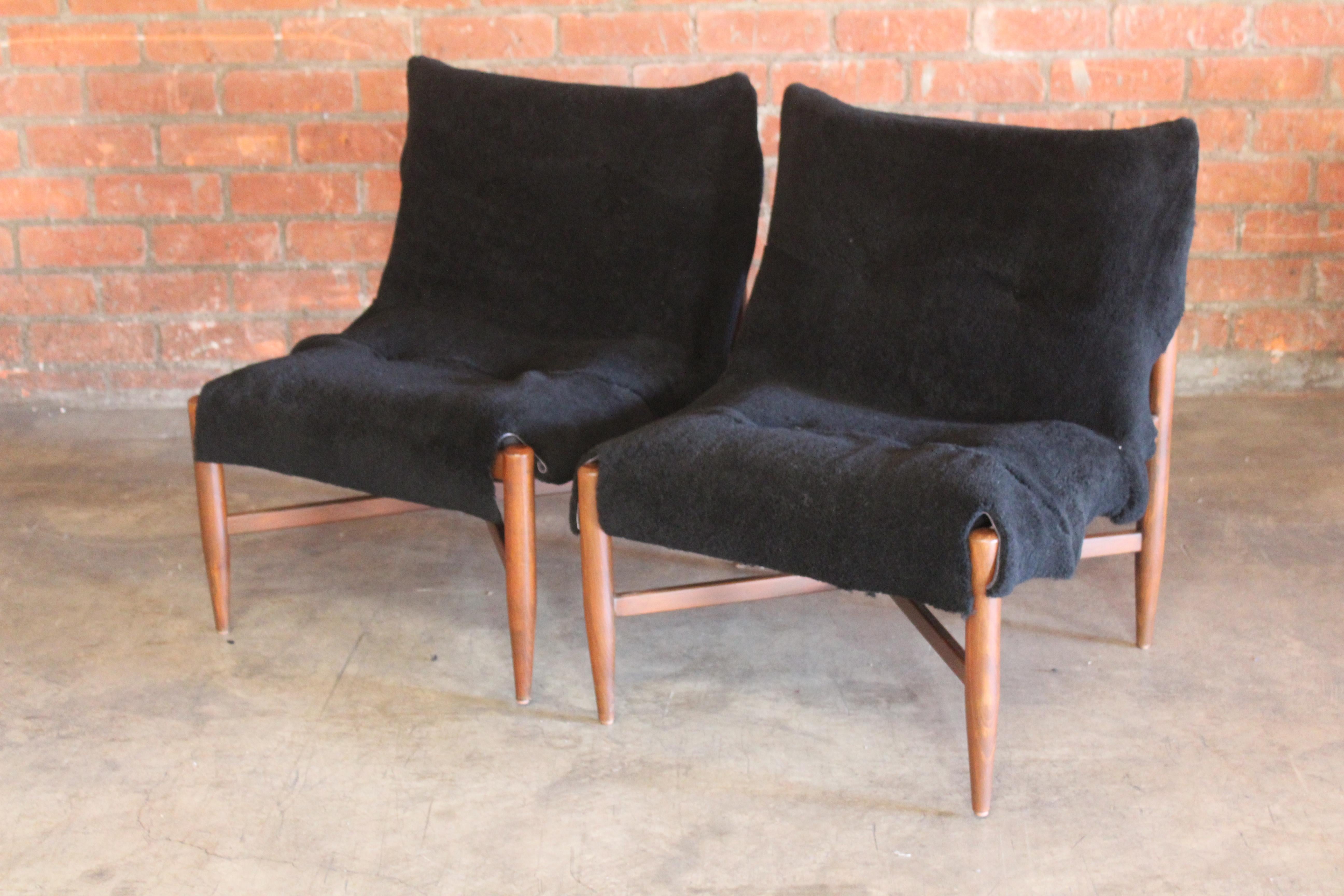 Mid-20th Century Pair of Danish Suede and Sheepskin Slipper Chairs