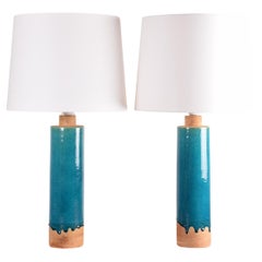 Paire de grandes lampes de table danoises, émail turquoise, par Johannes Andersen années 1960