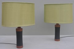 Pair of Danish Teak and Black Leather Table Lamp with Green Silk Lampshades