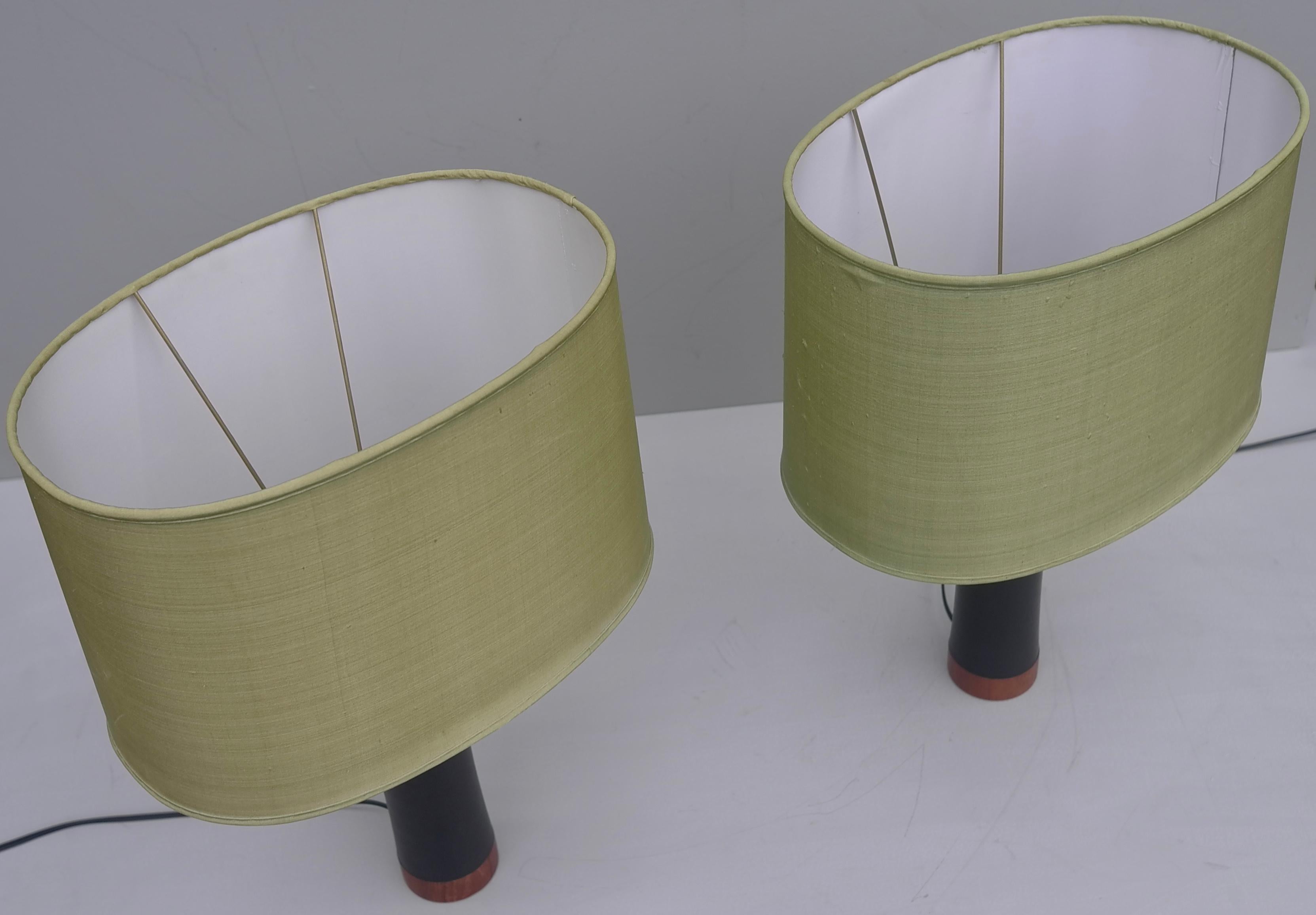 Mid-20th Century Pair of Danish Teak and Black Leather Table Lamp with Green Silk Lampshades For Sale