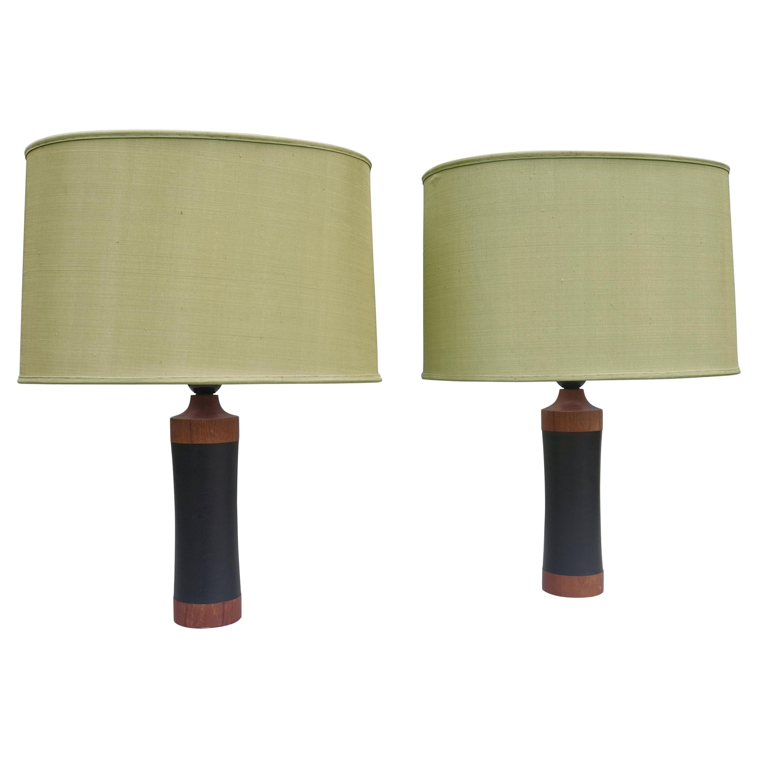 Pair of Danish Teak and Black Leather Table Lamp with Green Silk Lampshades