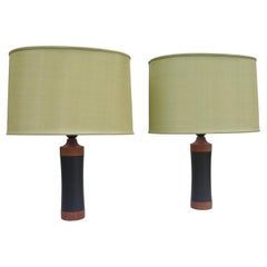 Retro Pair of Danish Teak and Black Leather Table Lamp with Green Silk Lampshades