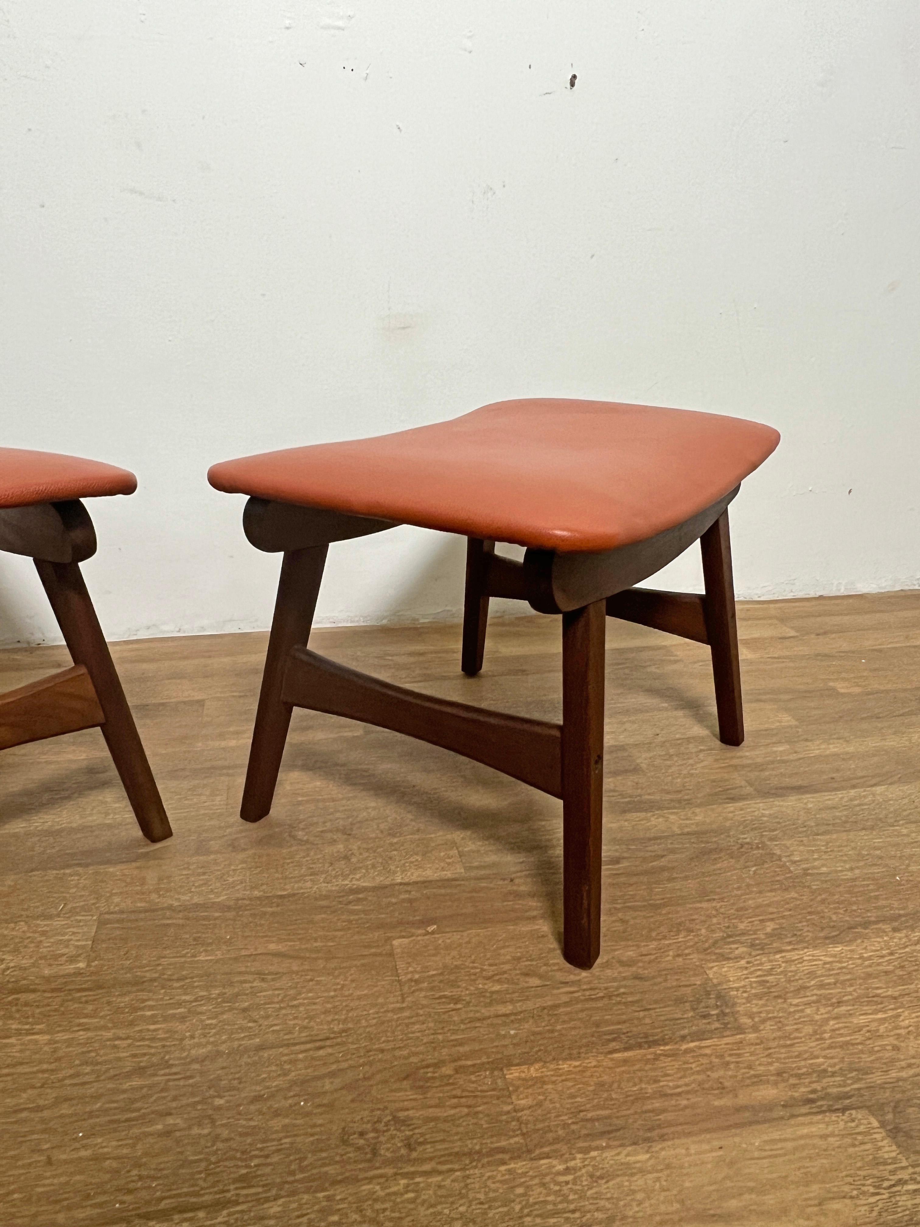 Scandinavian Modern Pair of Danish Teak and Leather Stools or Ottomans Circa 1960s For Sale