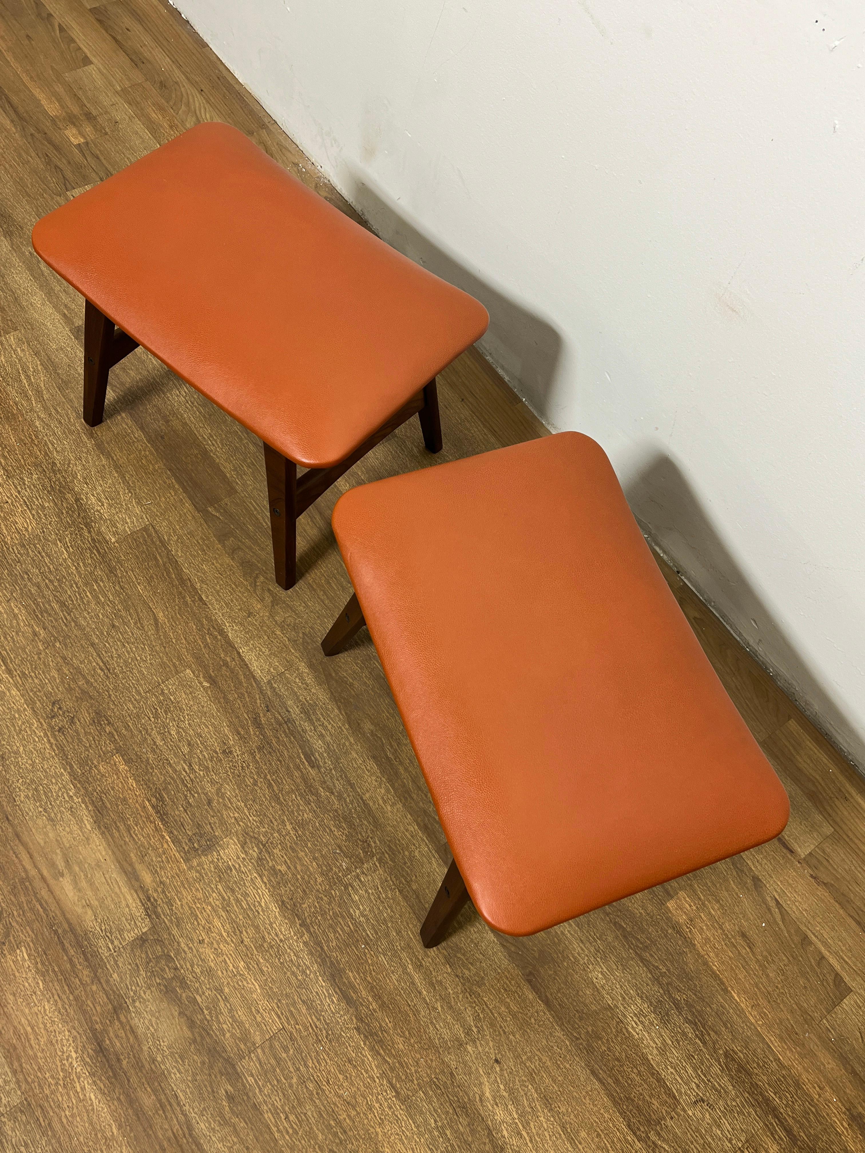 Pair of Danish Teak and Leather Stools or Ottomans Circa 1960s In Good Condition For Sale In Peabody, MA