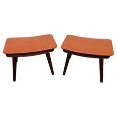 Pair of Danish Teak and Leather Stools or Ottomans Circa 1960s