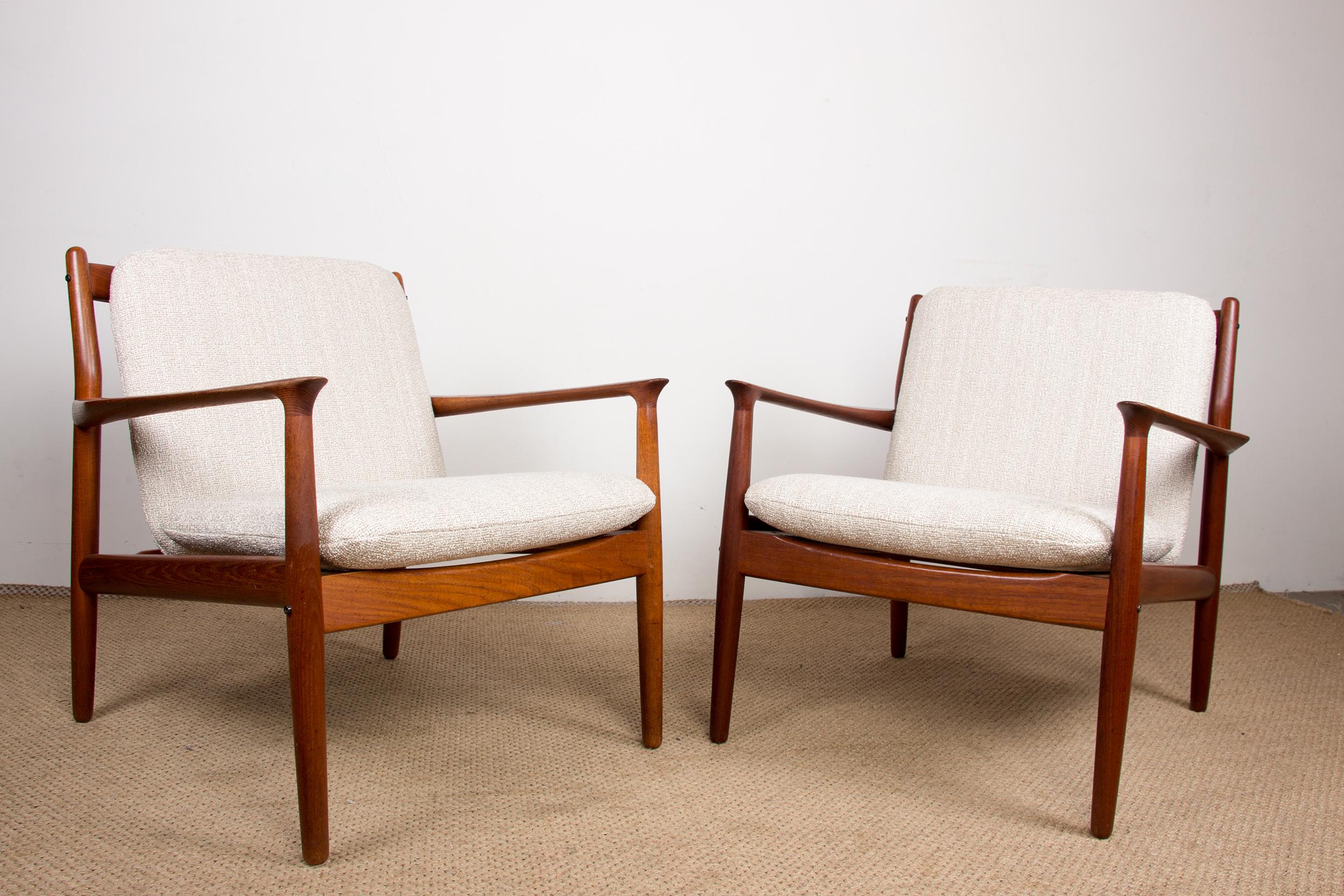 Pair of Danish Teak and New Bouclette Fabric Armchairs, by Svend Aage Eriksen 13