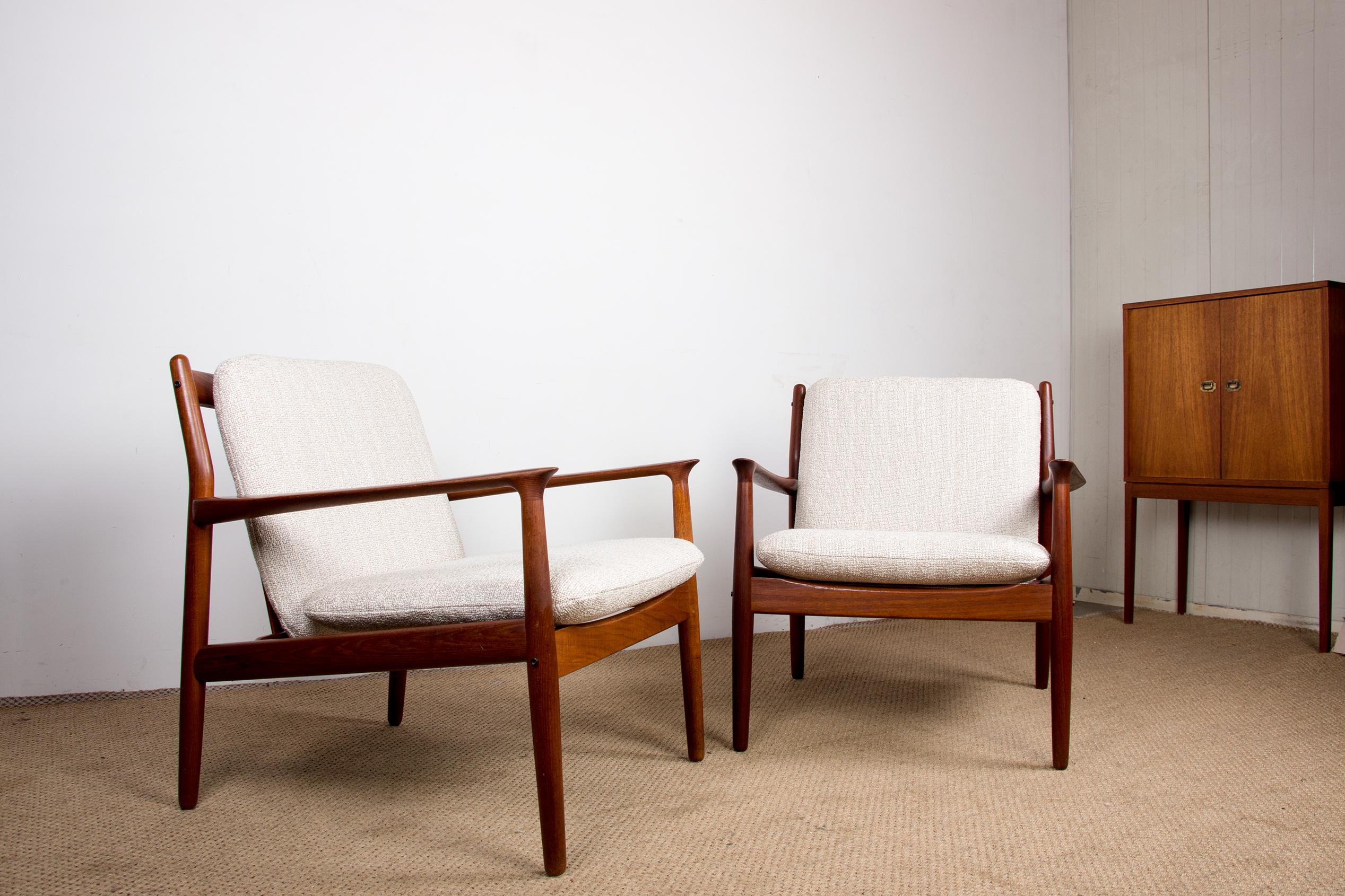 Pair of Danish Teak and New Bouclette Fabric Armchairs, by Svend Aage Eriksen 14