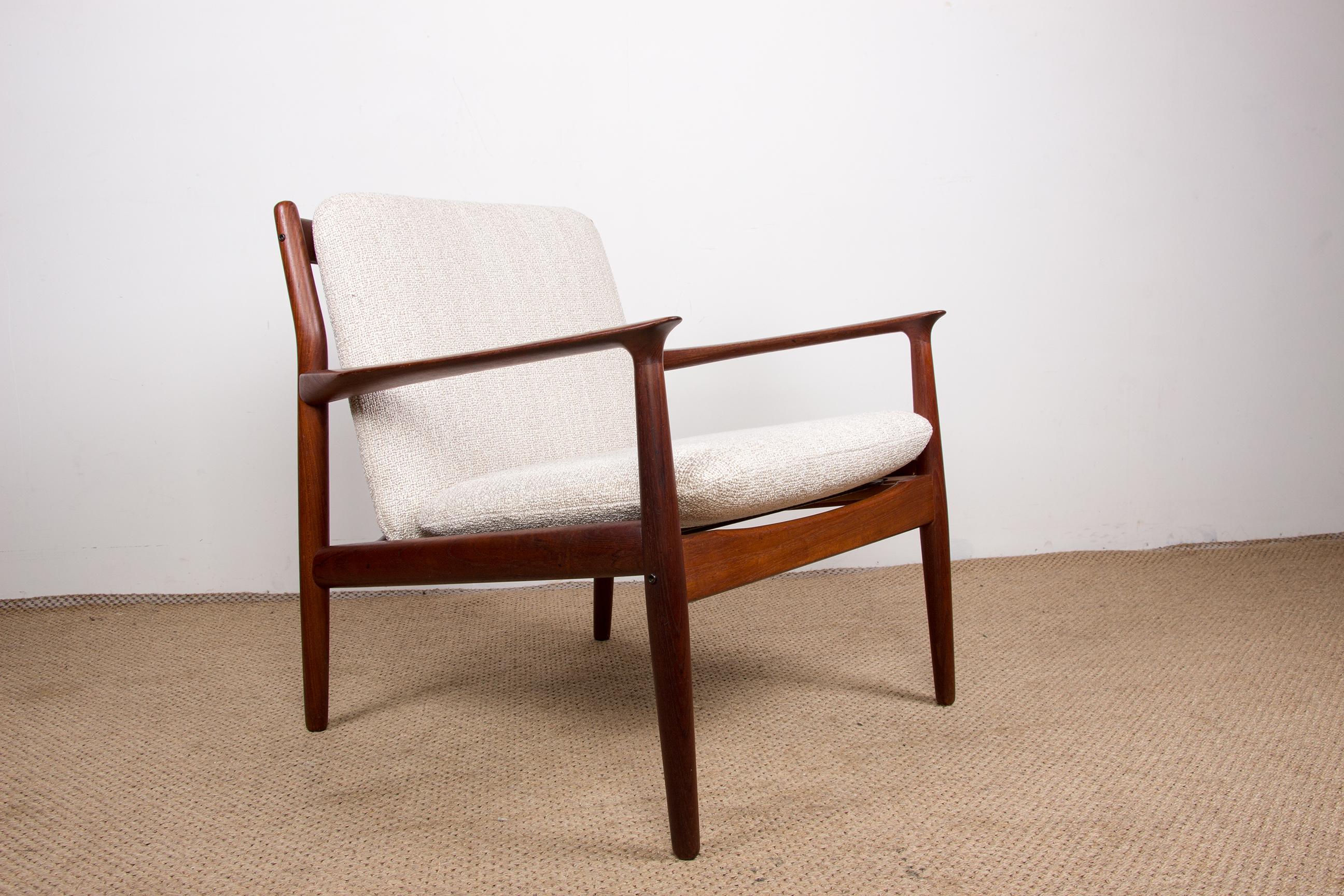 Pair of Danish Teak and New Bouclette Fabric Armchairs, by Svend Aage Eriksen 1