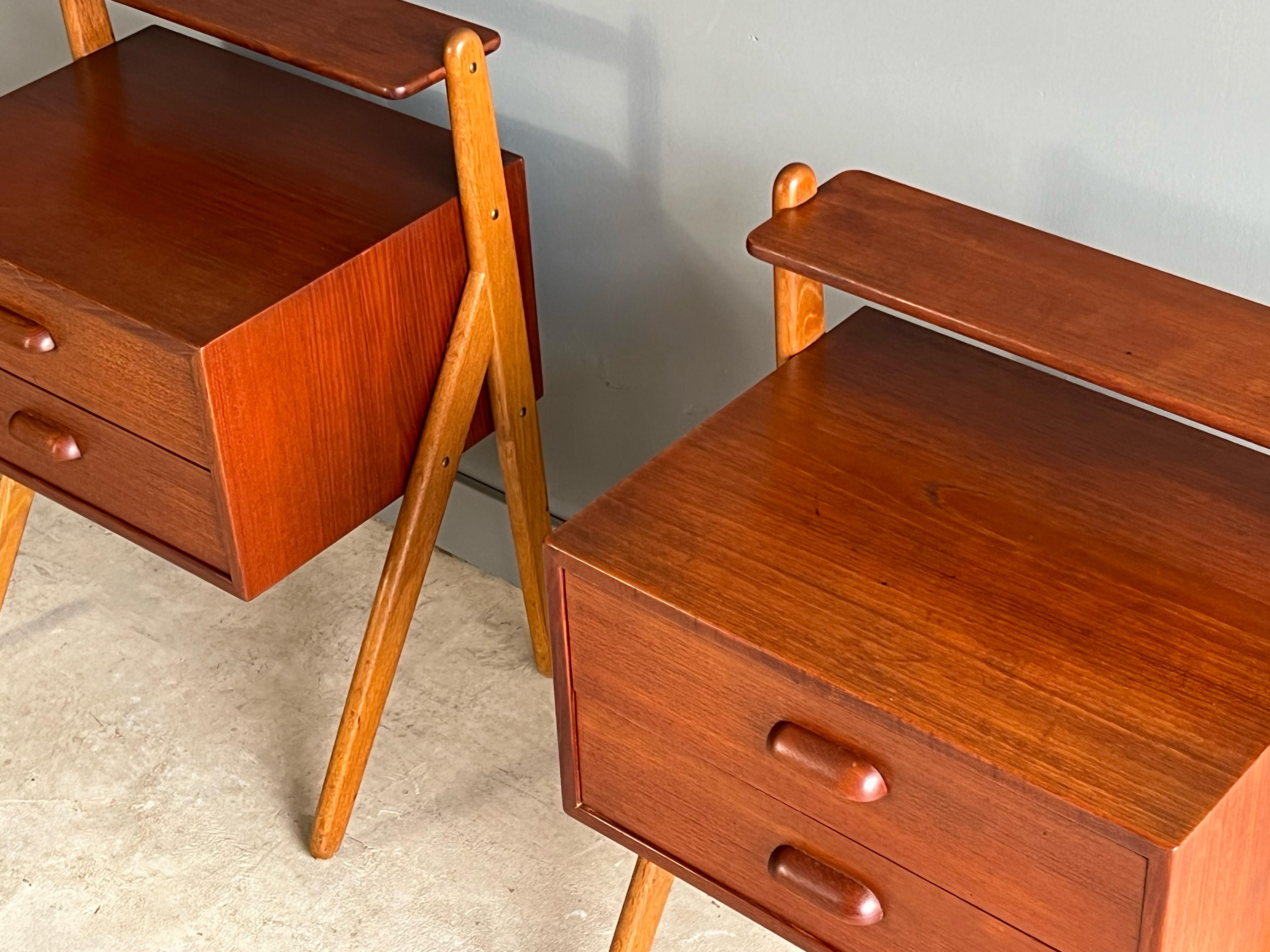 Brass Pair of Danish Teak and Oak Nightstands or End Tables by Sigfred Omann