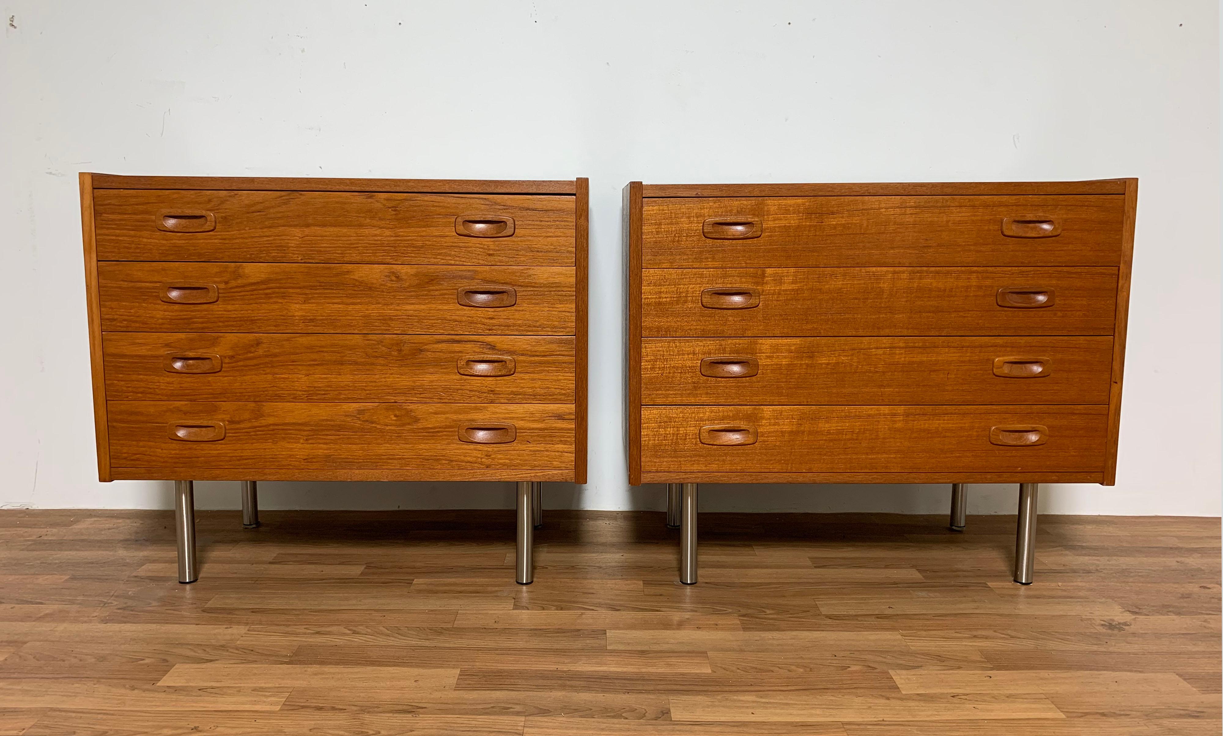 Pair of Danish teak four drawer dressing cabinets, circa 1960s. Formally two components of a PS wall mounted system, designed by Prebend Sorensen for Randers Mobelfabrik, converted by prior owner to two free standing cabinets on metal legs.