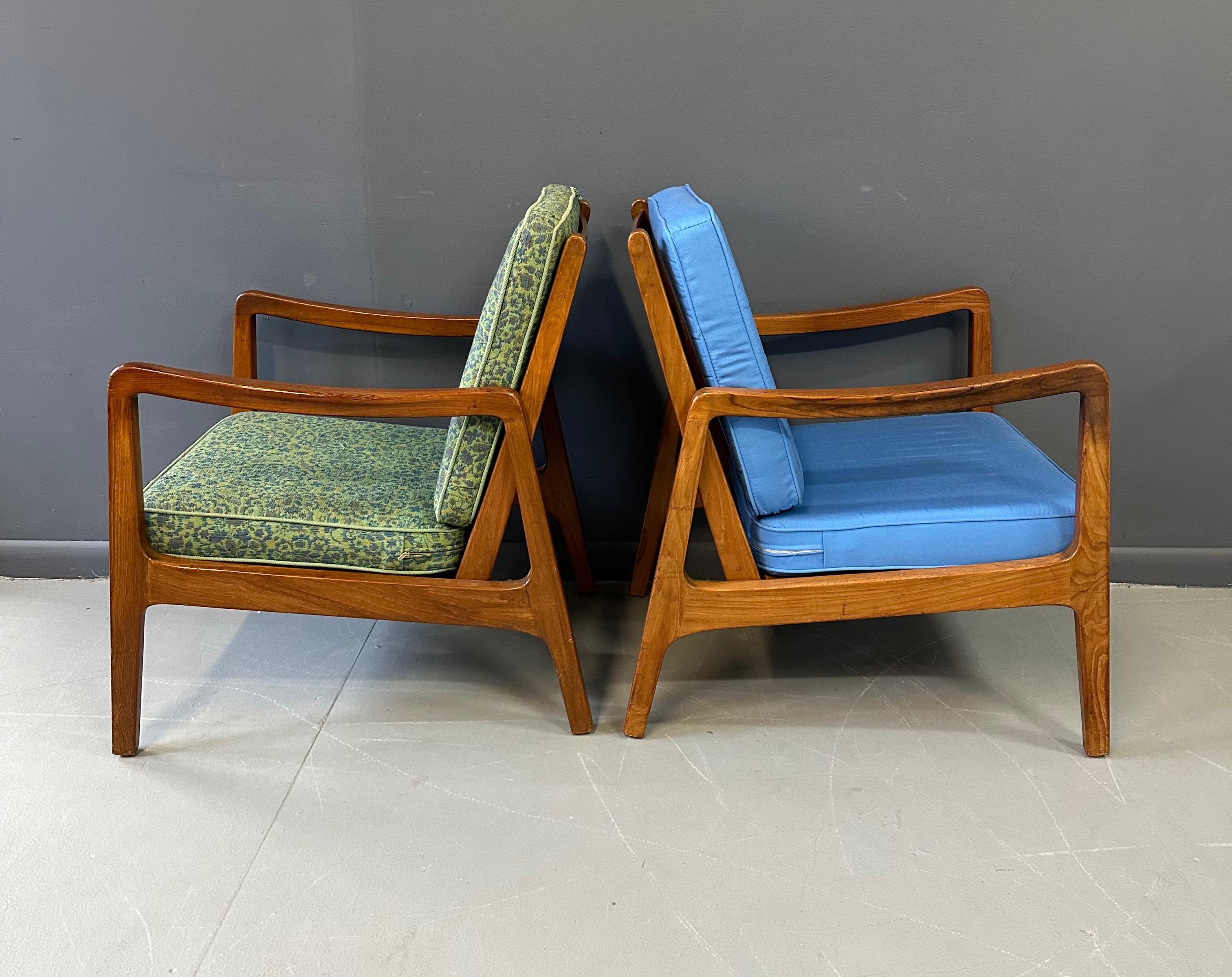 European Pair of Danish Teak Easy Chair by Ole Wanscher, 1950s with Ottoman Midcentury For Sale