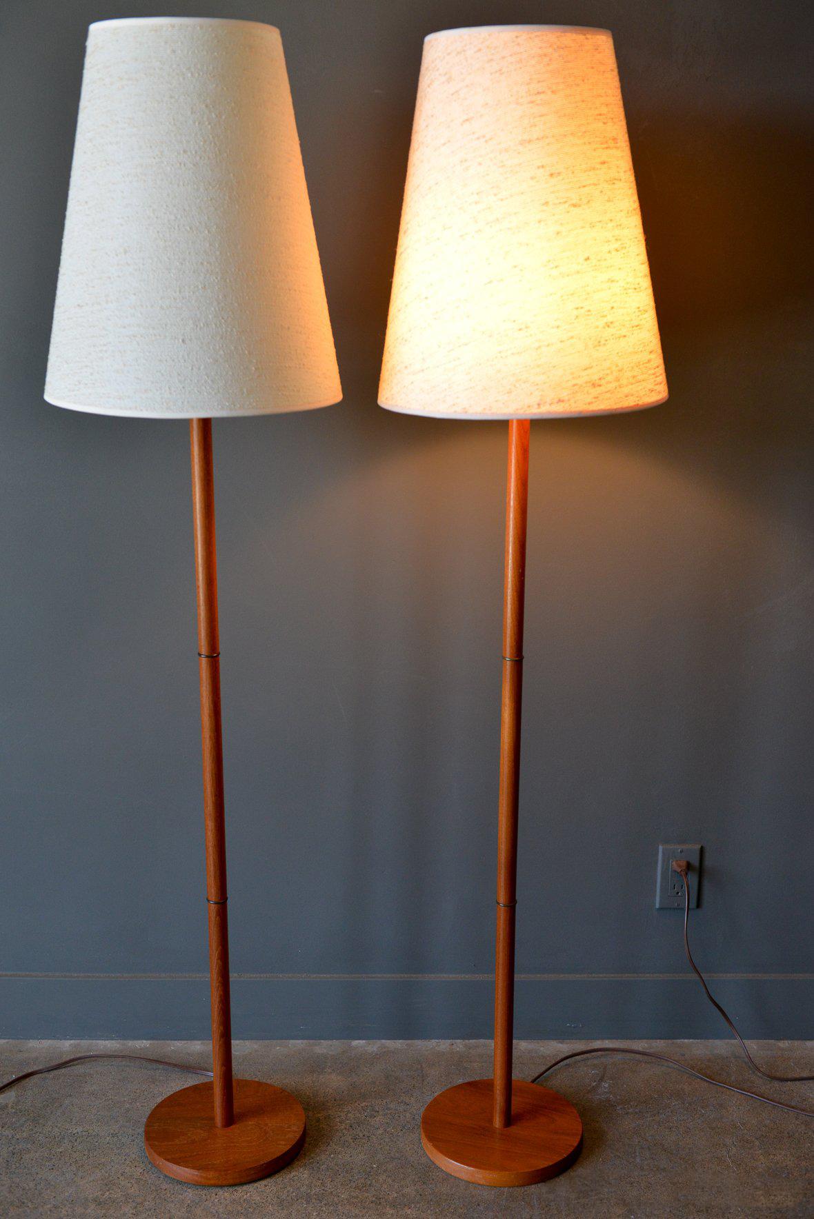 Pair of Danish Teak Floor Lamps with Original Shades, circa 1960 2