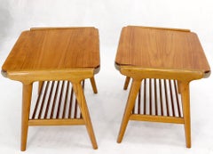 Pair of Danish Teak Mid-Century Modern Flip Top Tables Suede Benches