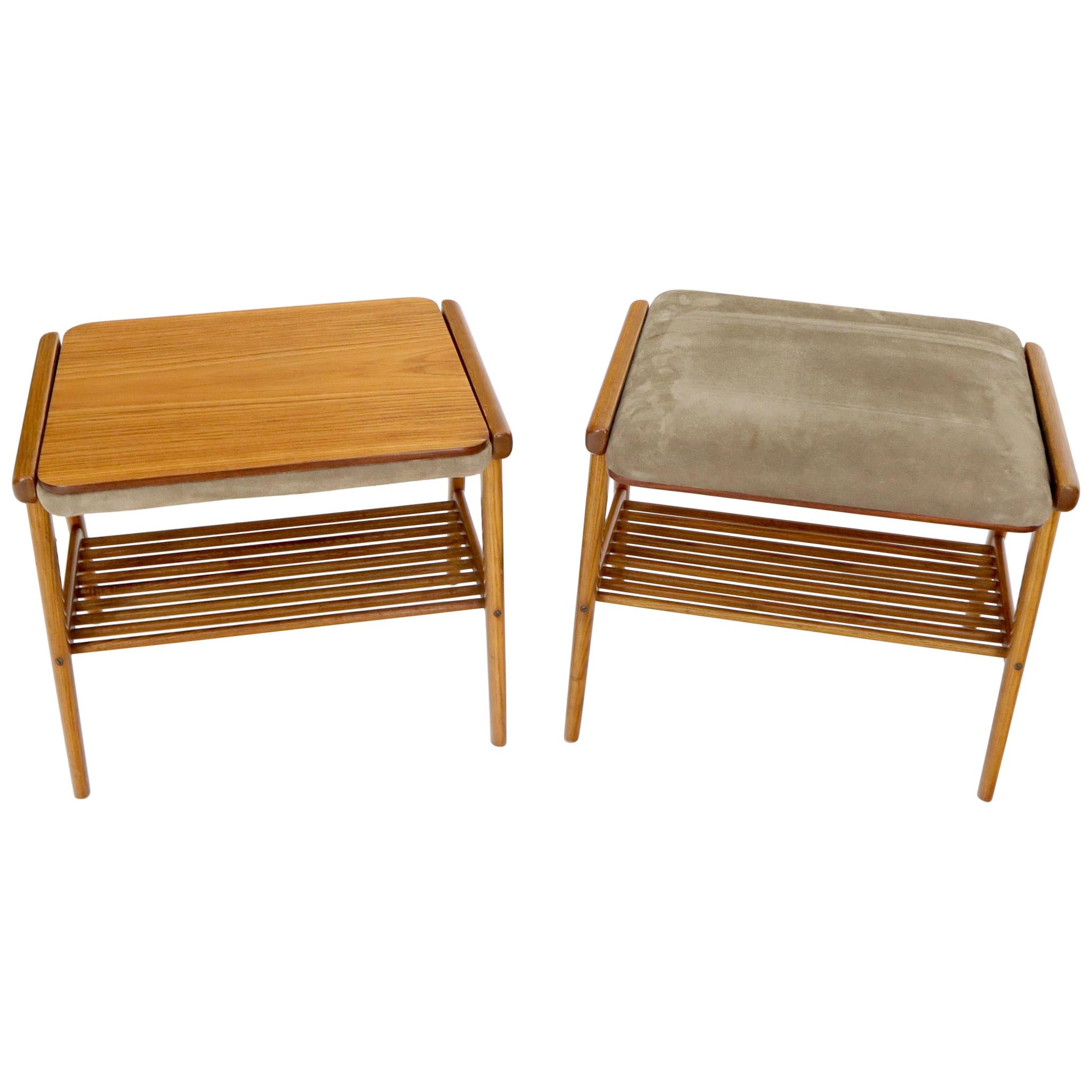 Pair of Danish Teak Mid-Century Modern Flip Top Tables Suede Benches For Sale