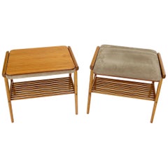 Vintage Pair of Danish Teak Mid-Century Modern Flip Top Tables Suede Benches