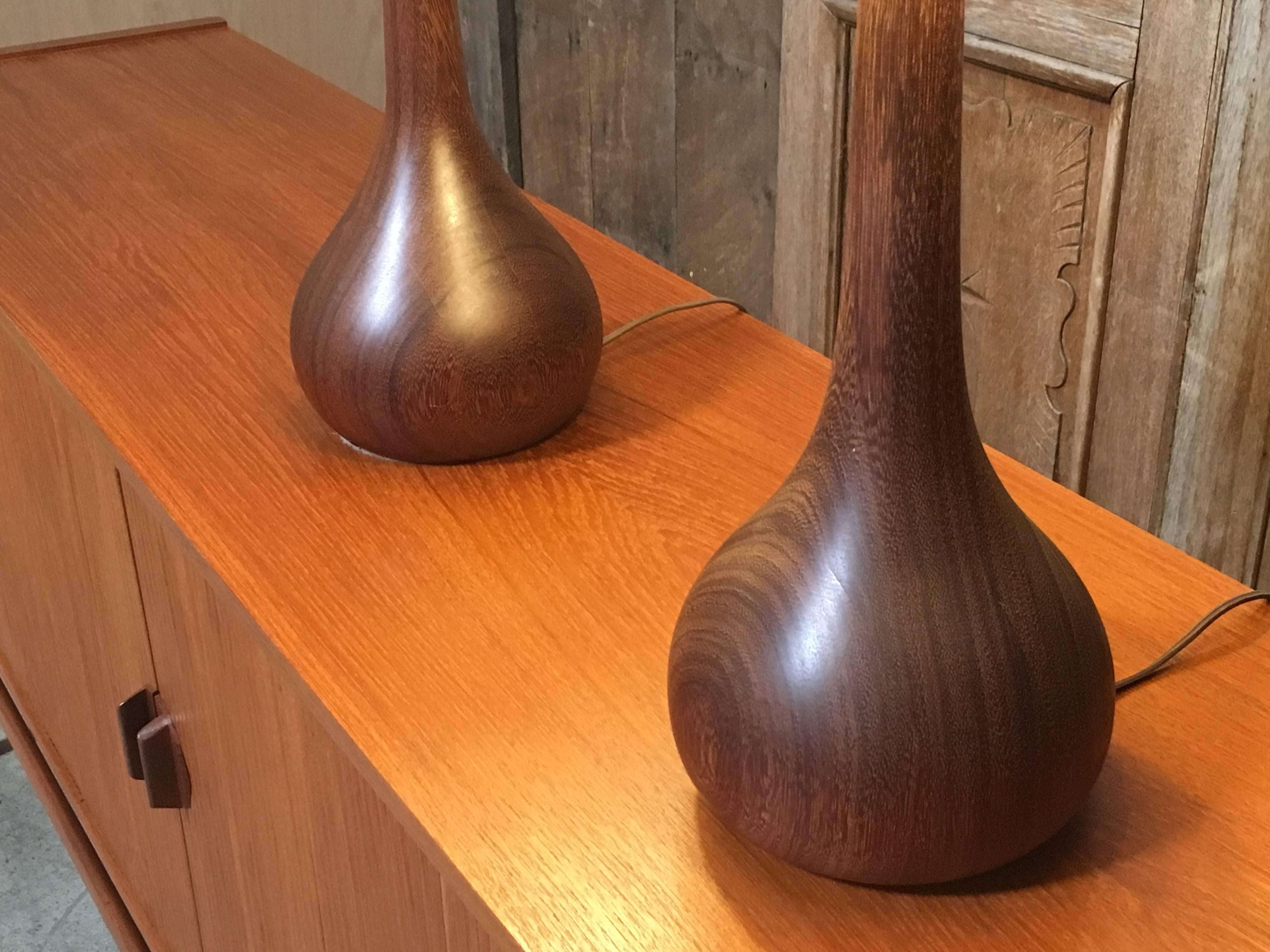 Turned Pair of Danish Teak Table Lamps
