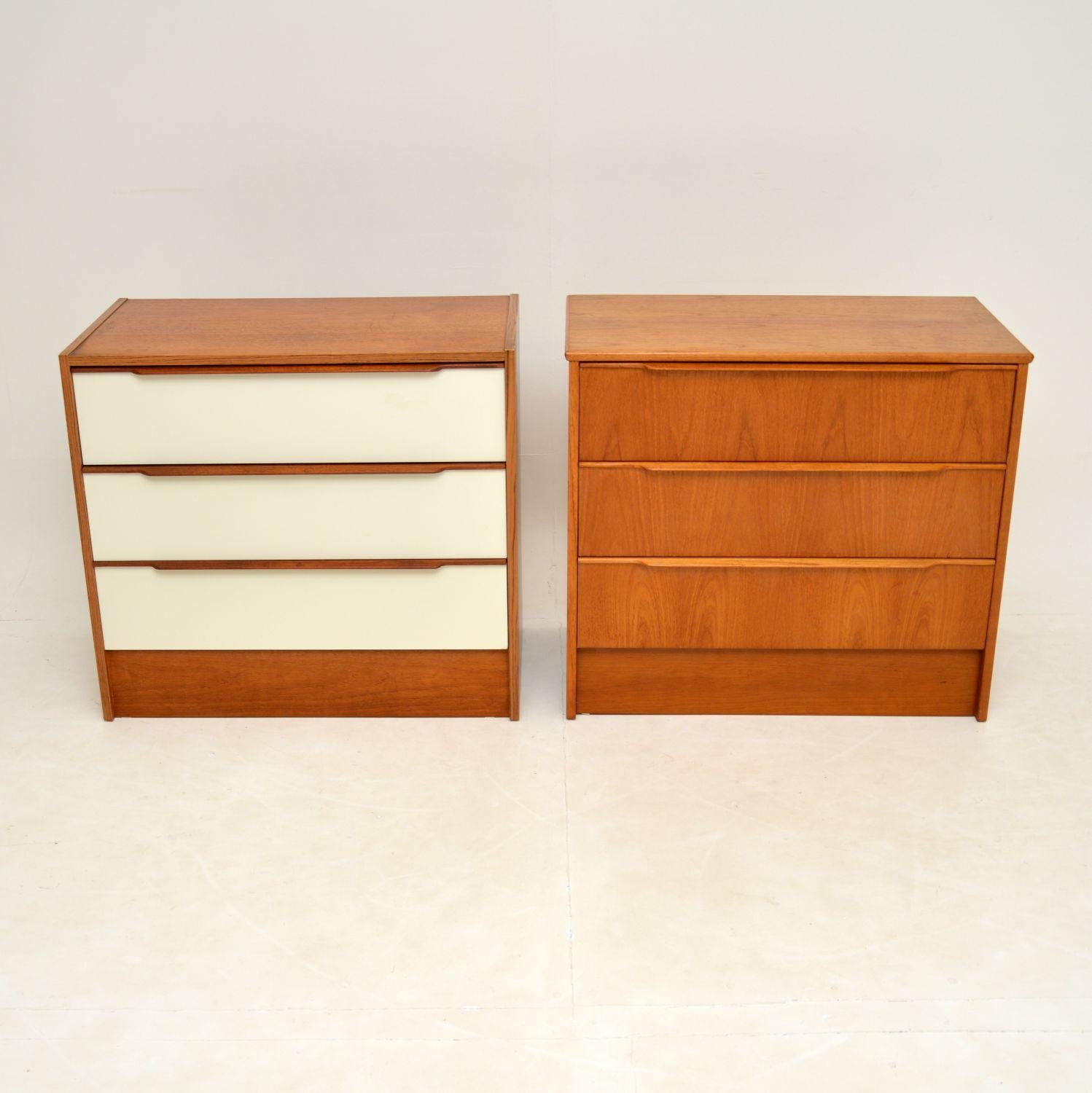 A fabulous pair of vintage Danish chests of drawers in teak. These were made in Denmark in the 1970’s by Steens.

They are identical in size and were made by the same company, one has white formica drawer fronts, the other is completely teak. They