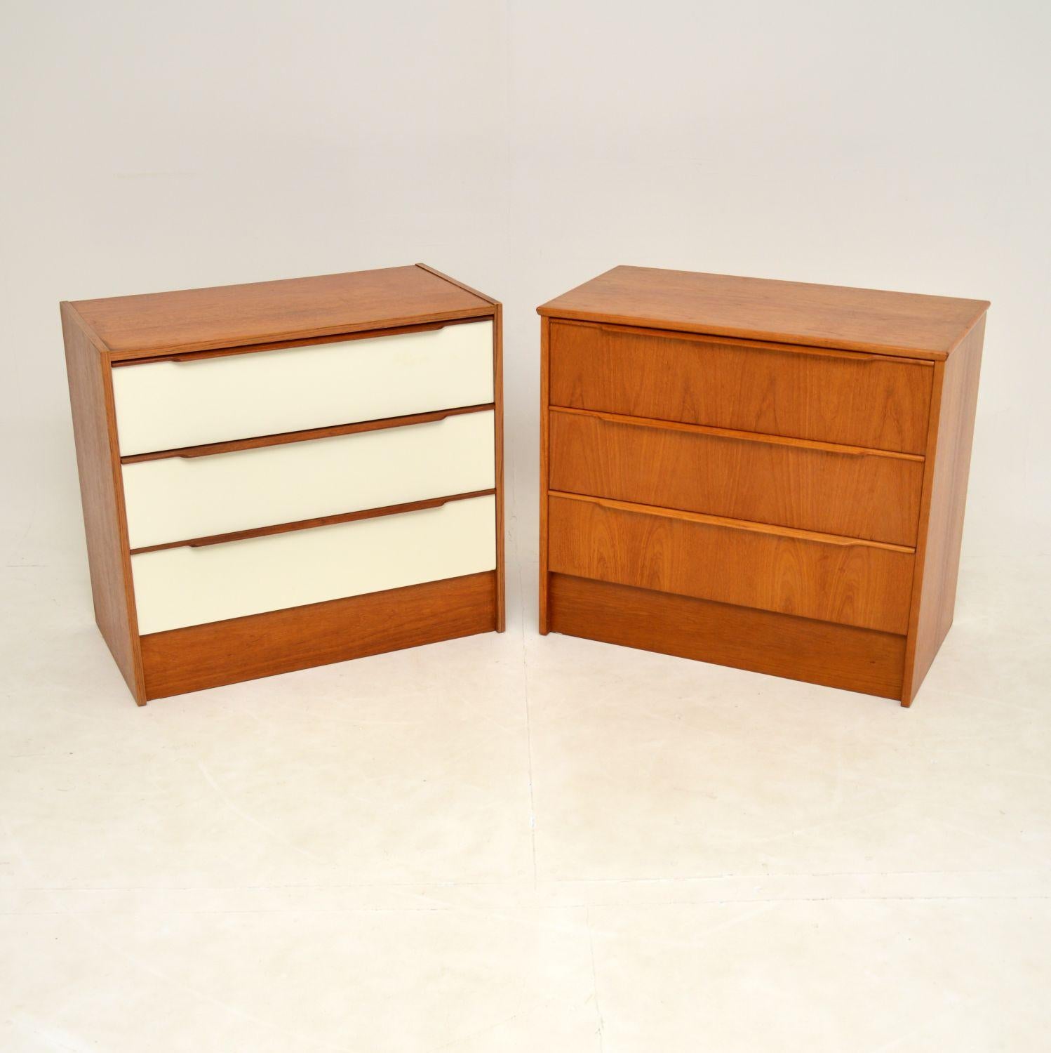 A fabulous pair of vintage Danish chests of drawers in teak. These were made in Denmark in the 1970’s by Steens.
They are identical in size and were made by the same company, one has white formica drawer fronts, the other is completely teak. They