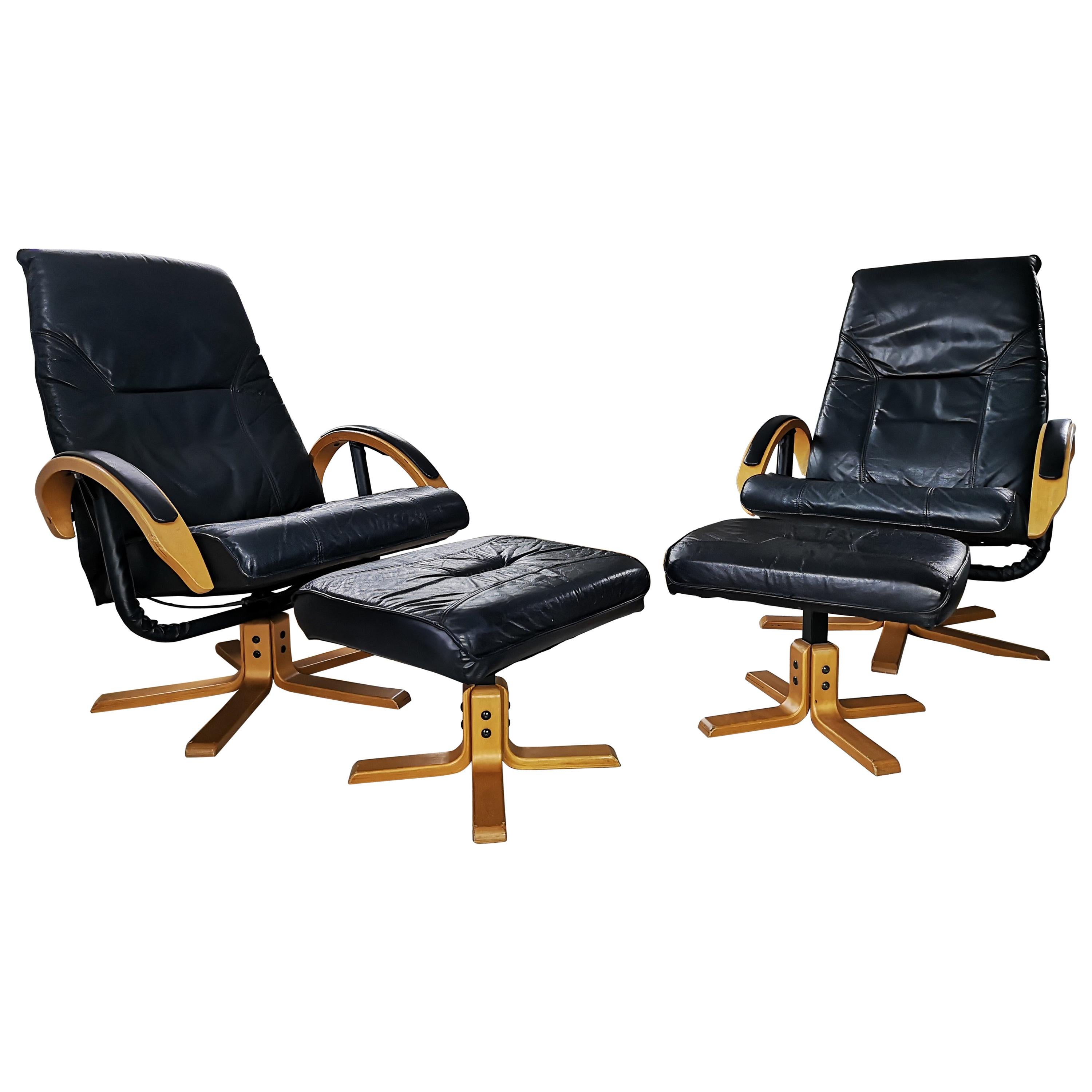 Pair of Danish Unico Midcentury Leather Armchairs with Ottomans, 1970s