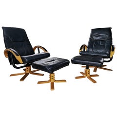 Pair of Danish Unico Midcentury Leather Armchairs with Ottomans, 1970s