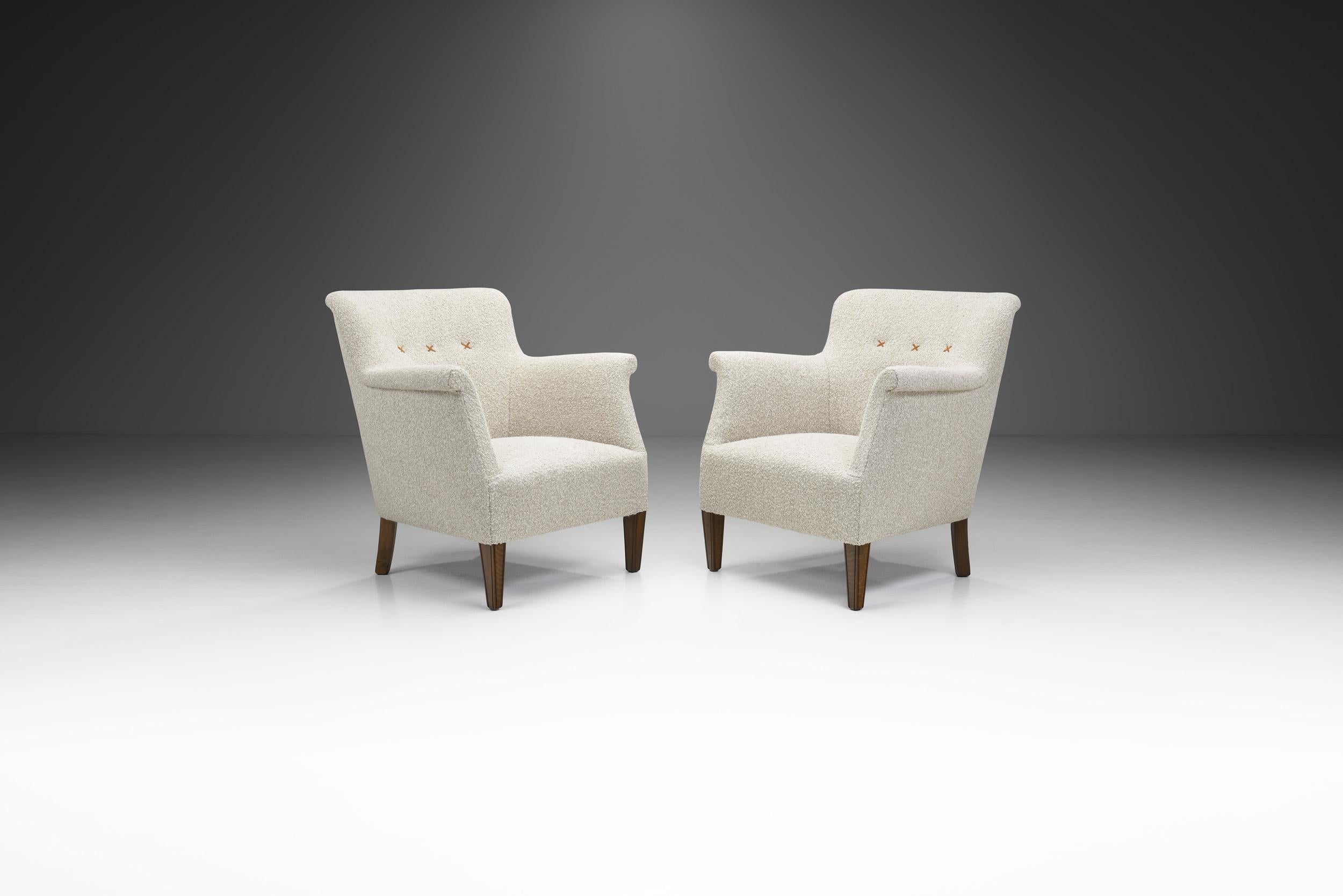 Scandinavian Modern Pair of Danish Upholstered Easy Chairs with Beech Legs, Denmark 1940s For Sale