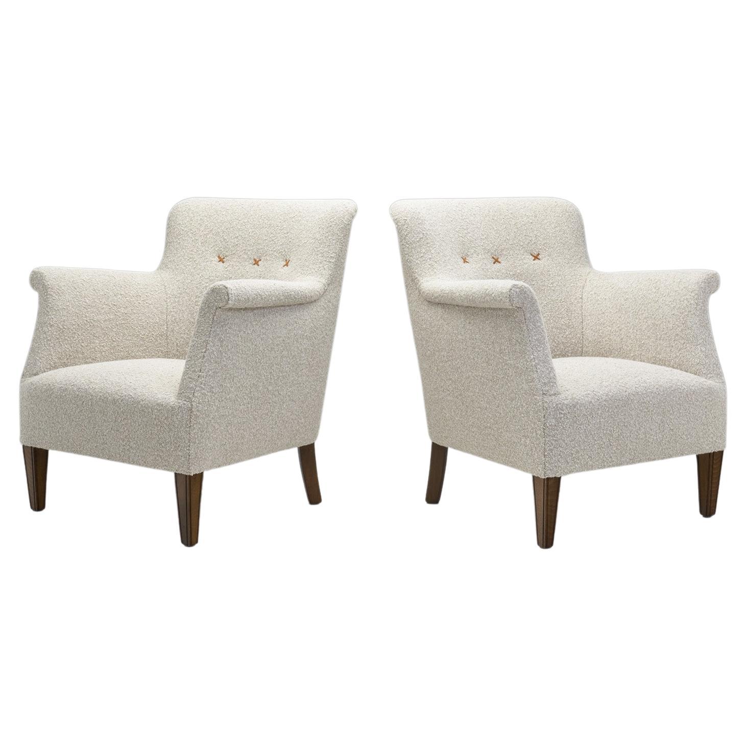 Pair of Danish Upholstered Easy Chairs with Beech Legs, Denmark 1940s For Sale