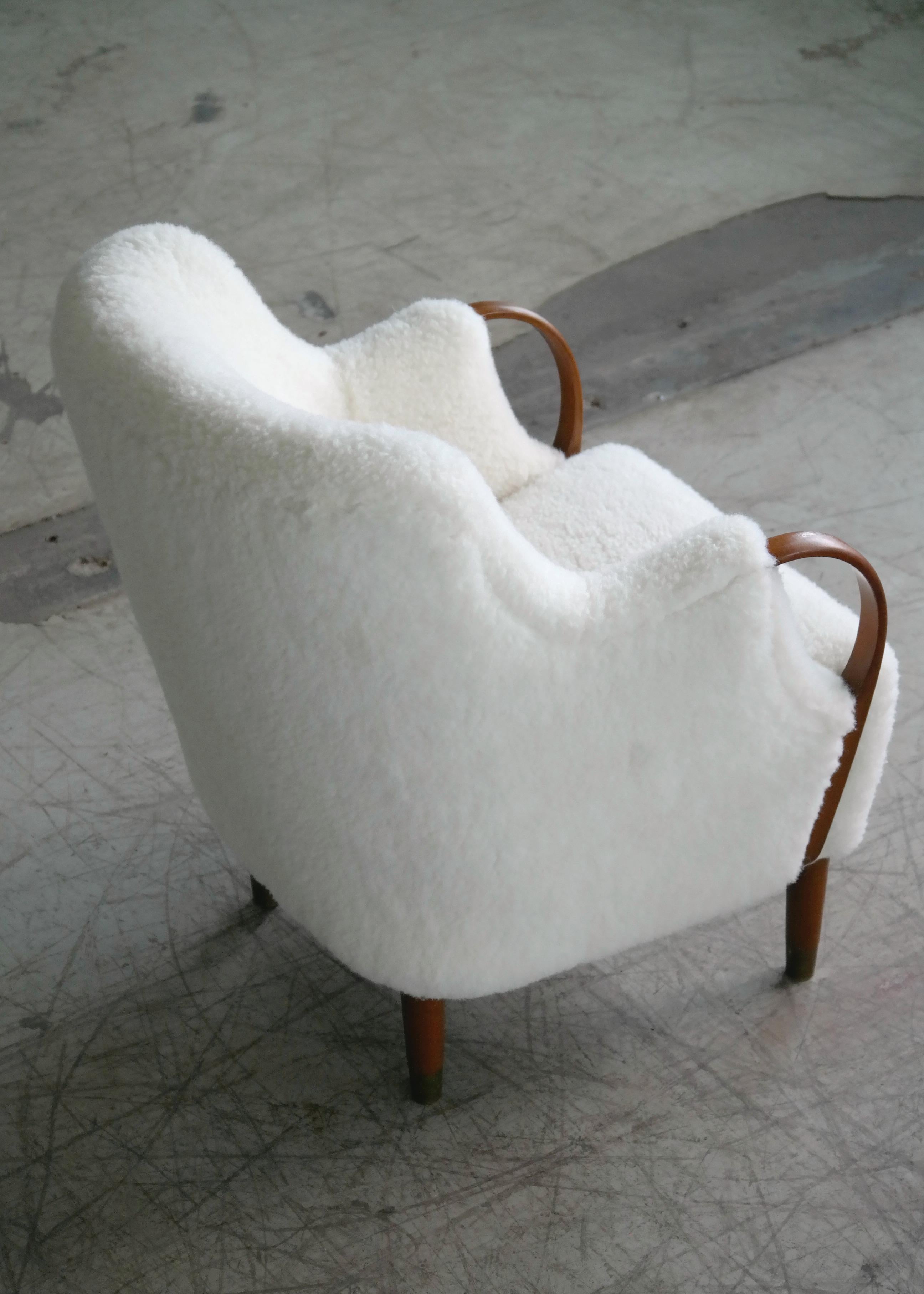 Wool Pair of Danish Viggo Boesen Style Curved Lounge Chairs in Lambswool