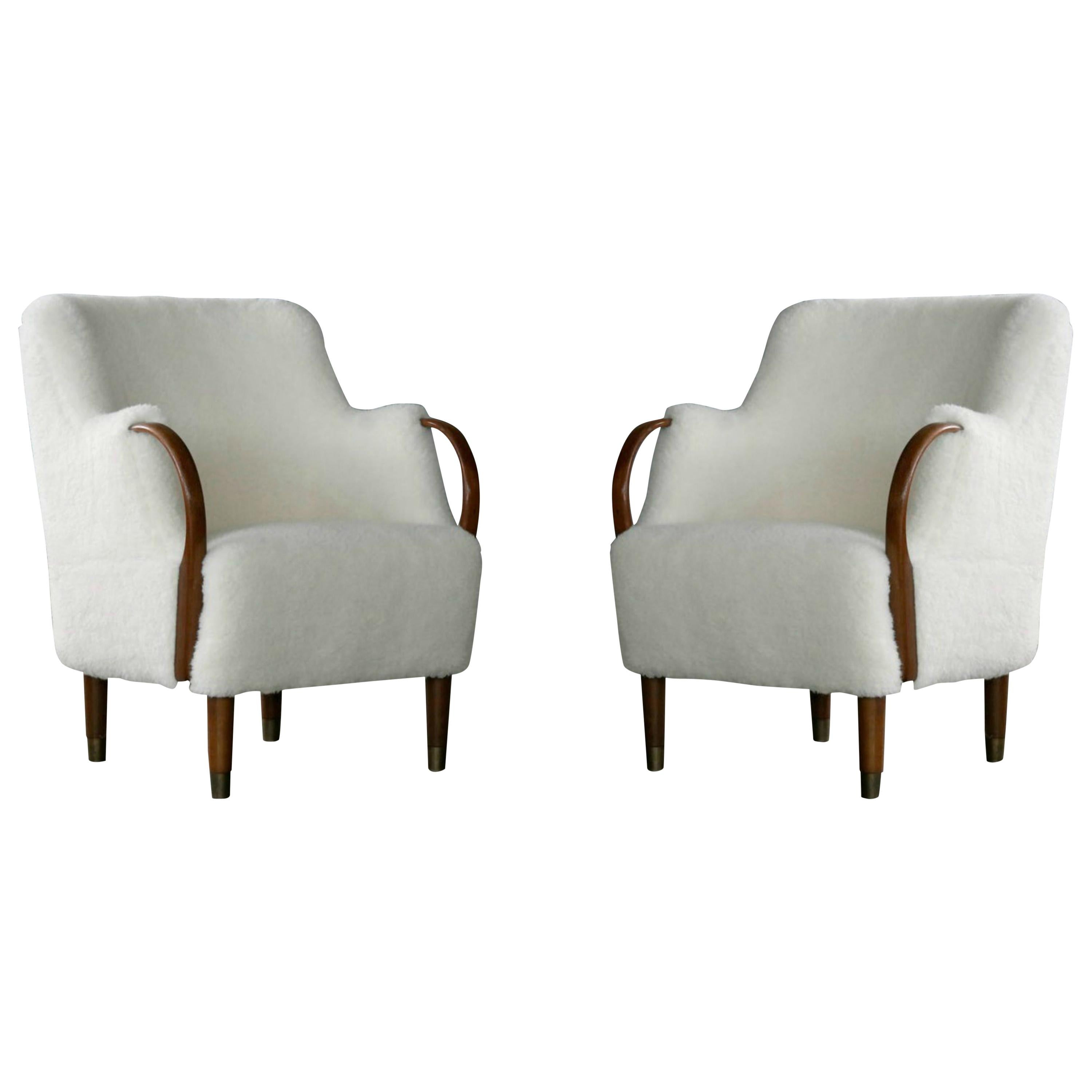 Pair of Danish Viggo Boesen Style Curved Lounge Chairs in Lambswool