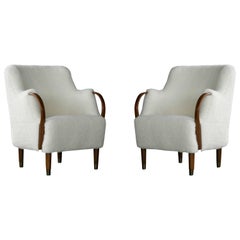 Pair of Danish Viggo Boesen Style Curved Lounge Chairs in Lambswool