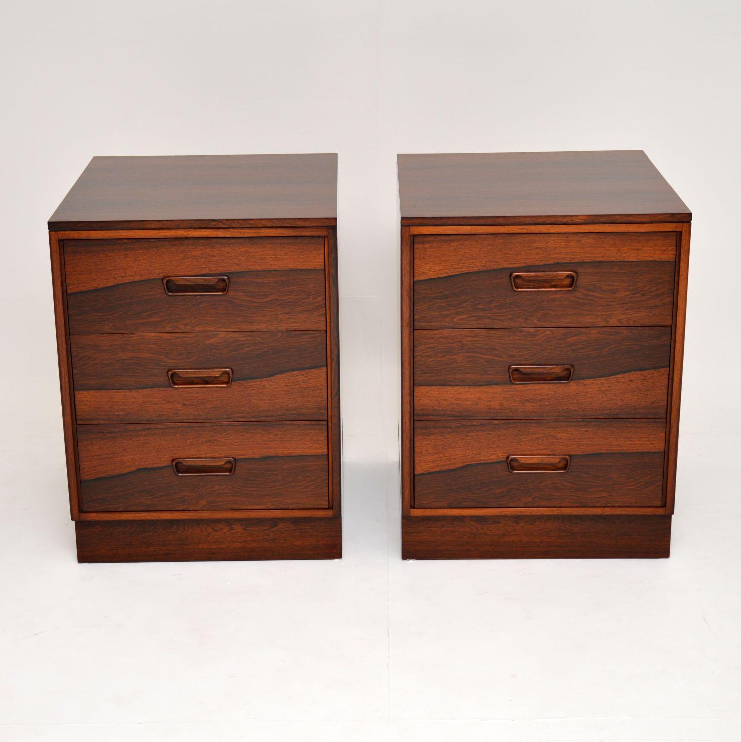 A stunning and extremely well made pair of Danish wood bedside chests. Dating from the 1960s, these are a great size, with lots of storage space in the drawers. The quality is exceptional, they are of a very solid build. We have had these fully