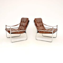 Pair of Danish Vintage Leather and Chrome Armchairs by Karin Mobring