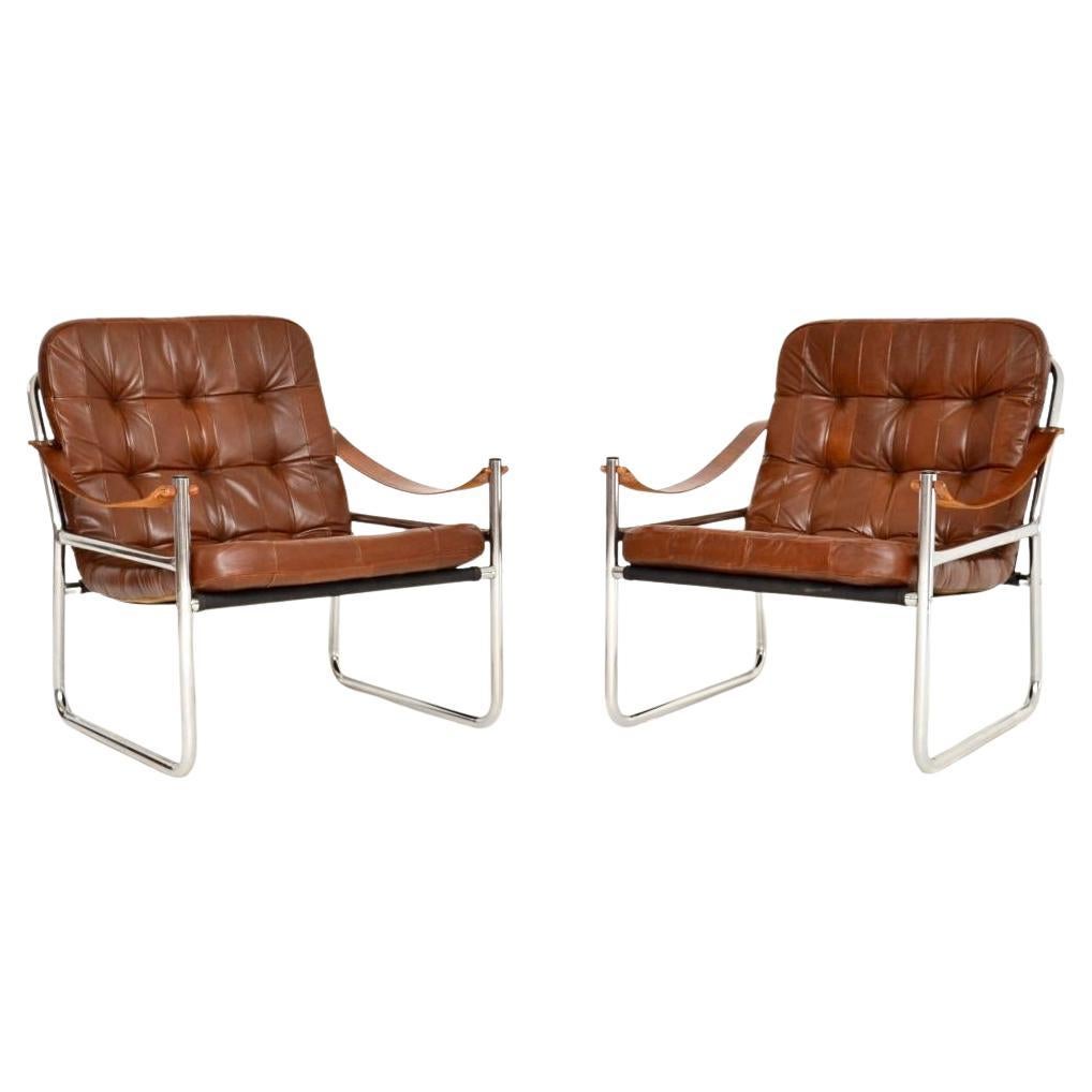 Coppia di poltrone danesi vintage in pelle e cromo di Karin Mobring in vendita