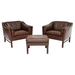 Pair of Danish Vintage Leather Armchairs with Stool by Georg Thams