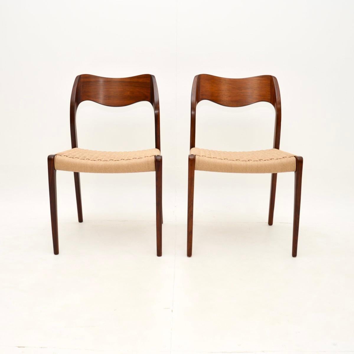 An incredibly stylish and iconic pair of Danish vintage model 71 chairs by Niels Moller. They were originally designed in 1951, this pair dates from around the 1960’s.

The frames are beautifully hand crafted, with a sculptural and an extremely