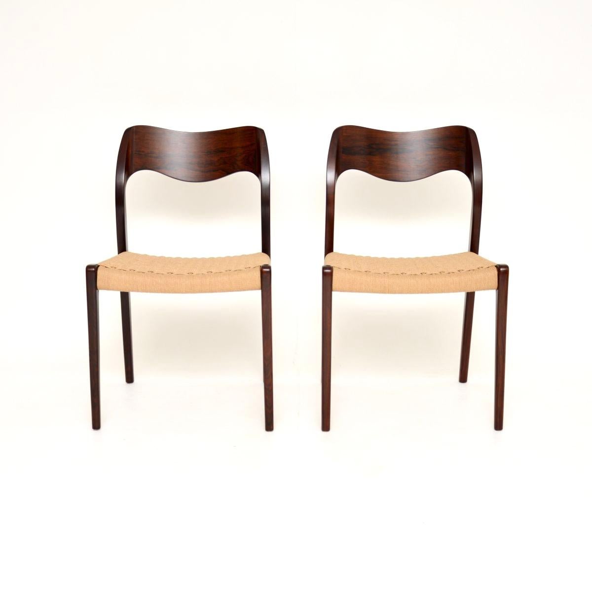 An incredibly stylish and iconic pair of Danish vintage model 71 chairs by Niels Moller. They were originally designed in 1951, this pair dates from around the 1960’s.

The frames are beautifully hand crafted, with a sculptural and an extremely