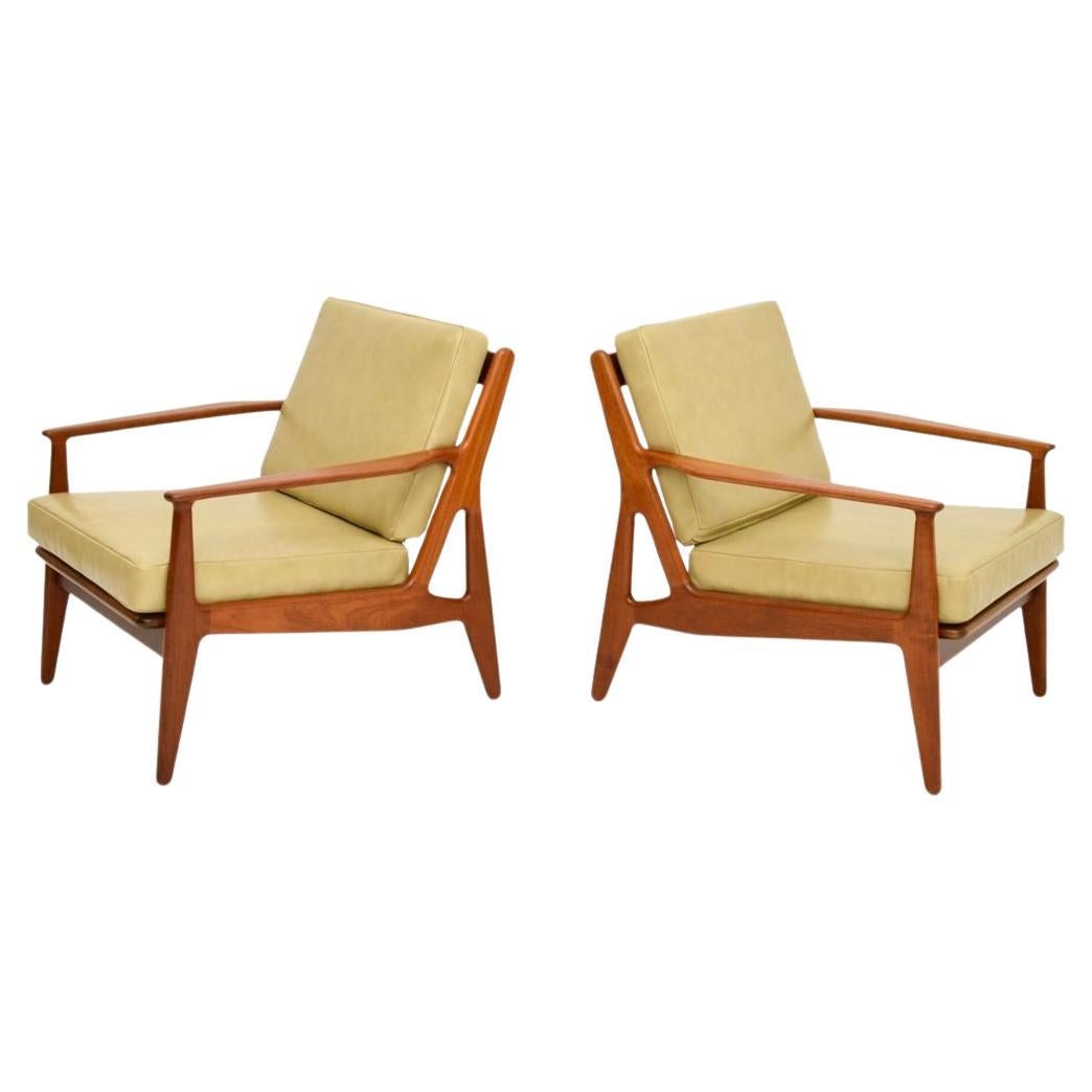 Pair of Danish Vintage Teak and Leather Armchairs by Arne Vodder