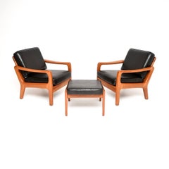 Pair of Danish Vintage Teak and Leather Armchairs with Stool by Juul Kristensen