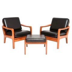 Pair of Danish Vintage Teak and Leather Armchairs with Stool by Juul Kristensen