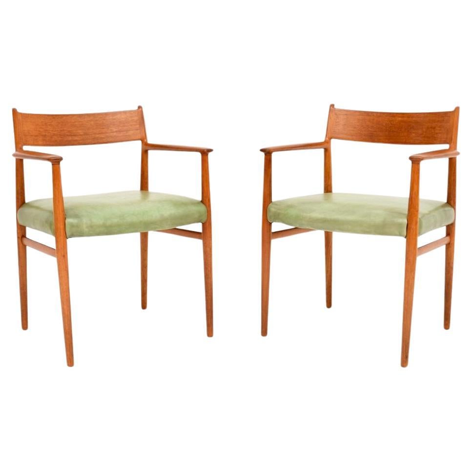 Pair of Danish Vintage Teak and Leather Carver Armchairs by Arne Vodder