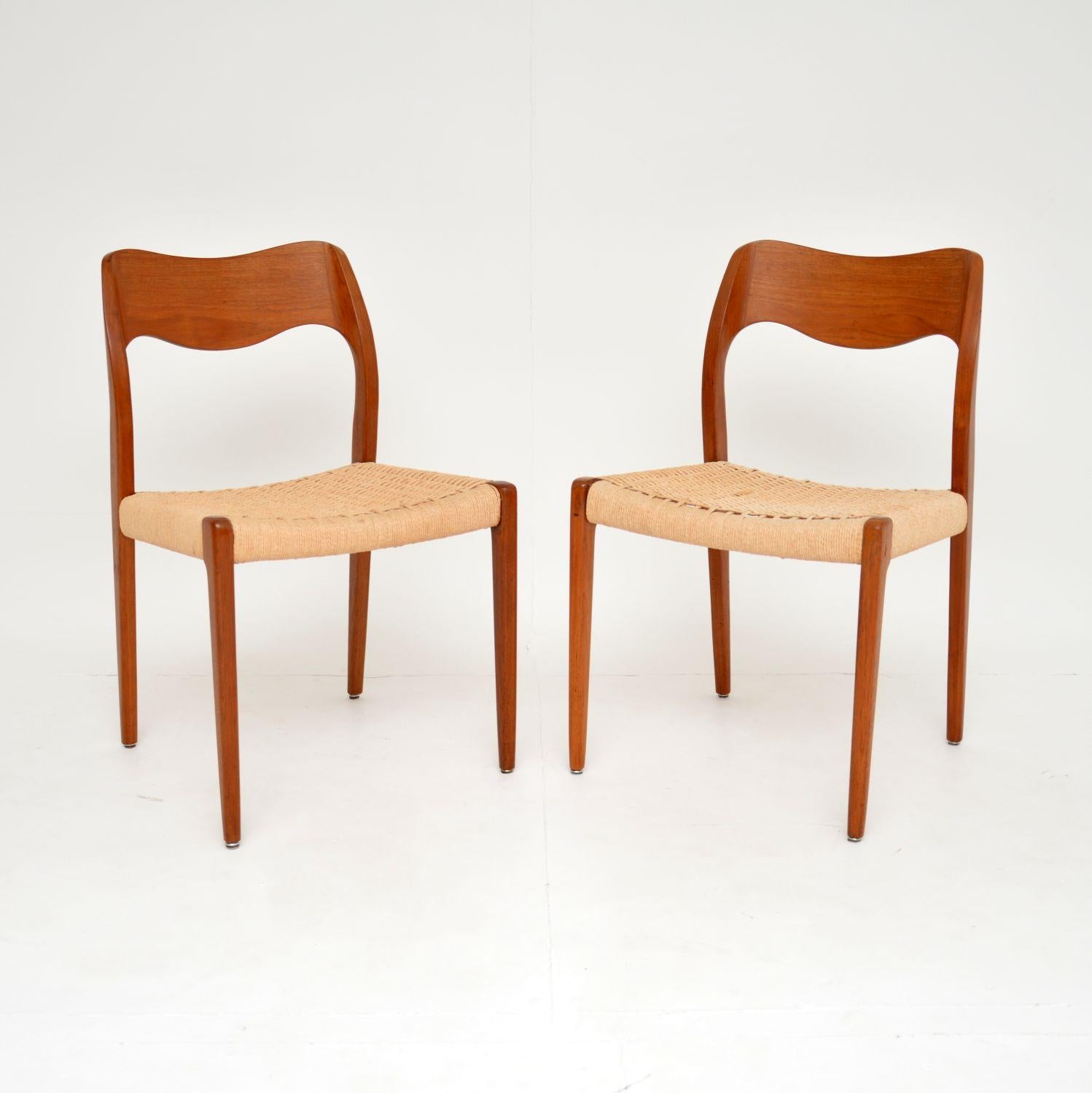 An exceptionally stylish and iconic pair of Danish teak model 71 chairs by Niels Moller. They were originally designed in 1951, this pair dates from around the 1960’s.

The solid teak frames are beautifully hand crafted, with a sculptural and